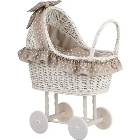 Poussette pour poupée - Landau en osier blanc-crème avec roues en bois