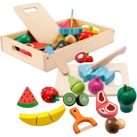 Jouets éducatifs - Enfant - Fruits et légumes en bois - 14 pièces - Multicolore - 3 ans et plus