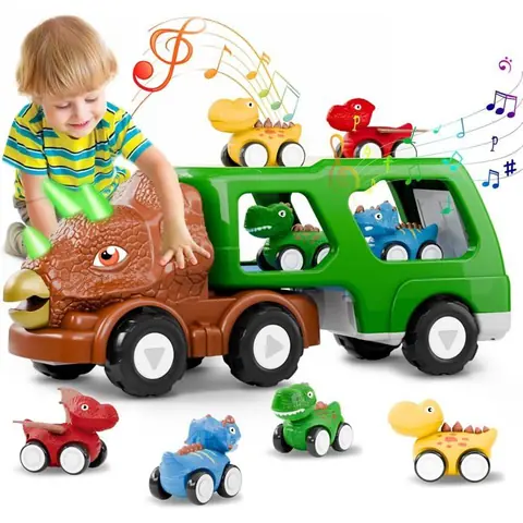 Camion dinosaure pour enfants - Avec lumières et sons - 4 petits véhicules dinosaures - 3 ans et plus - Cadeau pour garçons - Vert