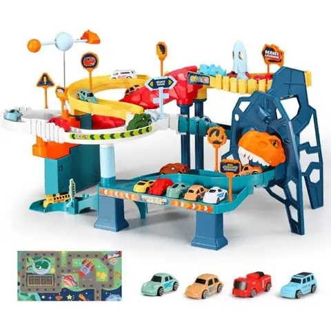 Circuit Voiture Enfant Dinosaure Circuit Voiture Electrique avec 4 Voitures Cadeau de Noël Garçons 3 à 14 Ans