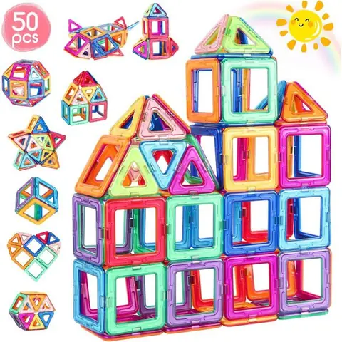 Construction Magnetique Enfant 50 Pièces Blocs de Construction Magnétiques Enfants Educatif Jeux Cadeaux pour Enfants à Partir de 3