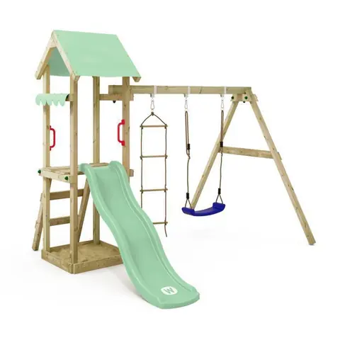 Tour de jeux WICKEY TinyCabin pour tout-petits avec balançoire et toboggan vert pastel – 10 ans de garantie*