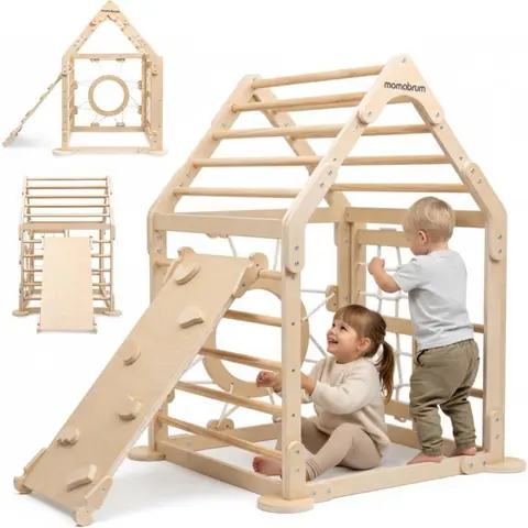 Aire de Jeux Intérieure Enfant Bois – Cabane d’Escalade avec Échelles Toboggan Filet et Mur Escalade 3 Ans+ Charge 50 kg