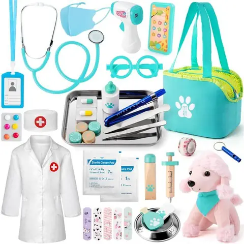 Malette Docteur EnfantVeterinaire Enfant avec Peluche Chienvéritable stéthoscopethermomètreBlouse de médecin et Sac de médecin