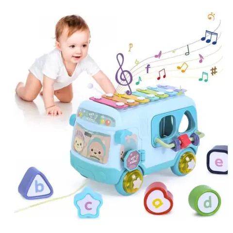 Jouet bébé - Bus sensoriel musical - Xylophone - Jouet à tirer - Trieur de formes