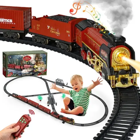 Trains de Noël Télécommandés Lumières de Pulvérisation de Fumée Musique Décoration de Noël Trains Électriques Cadeau de Noël