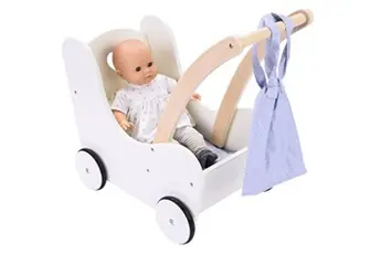 - 606014 - Landau en Bois Elégant pour Poupées - Gris et Blanc - dimensions : 50 x 28 x 46 cm - à partir de 3 ans