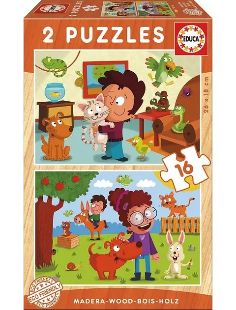 Puzzle en bois educa : les enfants et les animaux de compagnie - 2 x 16 pieces