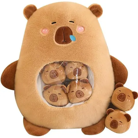 Kawaii Capybara Peluche avec 6 Adorables Bébés – Sac de Peluches Capybara en Peluche pour Filles et Garçons Cadeau Enfant Marron