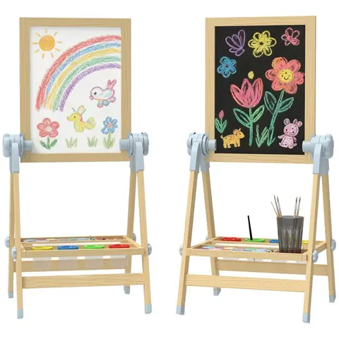 Tableau enfant - AIYAPLAY - double face - tableau noir réglable en hauteur et tableau blanc magnétique - 485x465x70-97cm - naturel