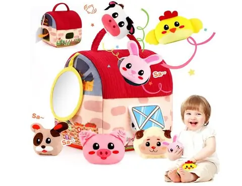 Jouet Bébé 6-12-18-24 Mois – Grange Fermière Sensorielle avec Peluches Animaux Sonnette Miroir – Jouet pour Motricité Fine