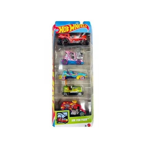 Coffret 5 Vehicules Hot Wheels : HW Fun Park - Set Voitures Miniatures + Carte tigre - Jouet Enfant
