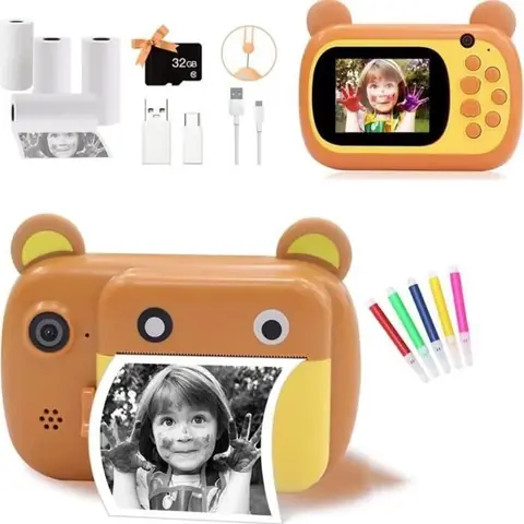 Appareil Photo Enfant - 32G - Jaune - HD - Impression Instantanée - 4 Rouleaux de Papier
