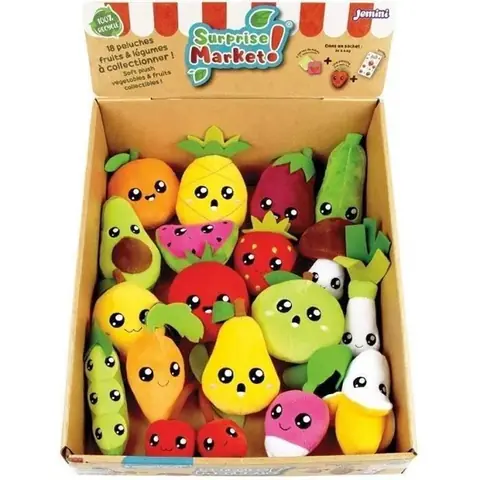 Lot de 18 pochettes surprises - JEMINI - Surprise Market - Peluche fruits ou légumes +/- 10 cm stickers et cartes mémo