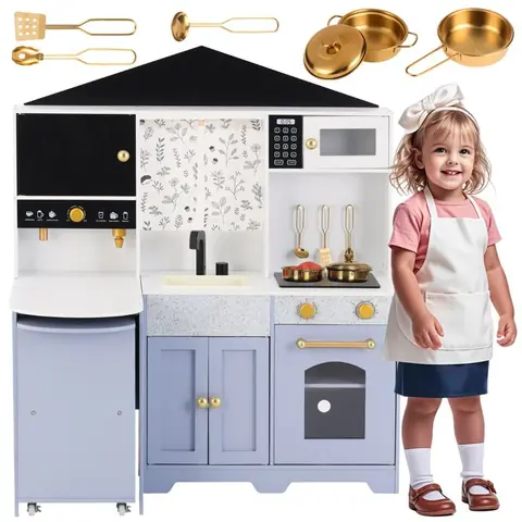 Cuisine enfants en bois - MODERNLUXE - 90x60x105 cm - Blanc et Violet - Cuisine équipée - 3 ans+ - Tableau noir