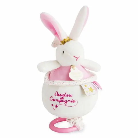 DOUDOU ET COMPAGNIE - Lapin Fleurs - Peluche musicale pour bébé - Blanc et rose - 15 cm
