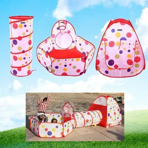Tente de jeu pour enfants - Ensemble de jouets 3 en 1 - Rouge + Points colorés - Fil dacier en tissu