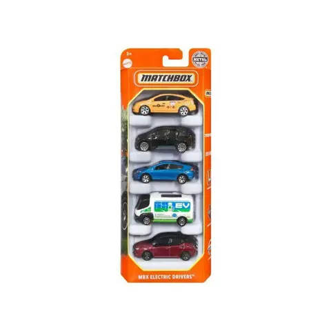 Set 5 Véhicules Matchbox : MBX Electrics Drivers - Coffret Voitures Miniatures jaune Noire Rouge Bleu - Enfant