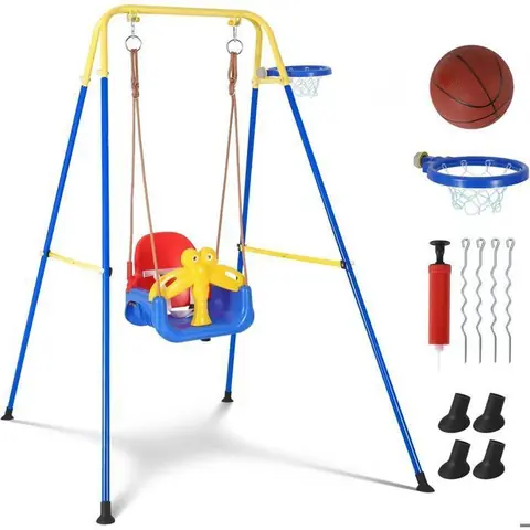 JEUX DEXTERIEUR BALANCOIRE PORTIQUE Balançoire Enfant 2-en-1 pour IntérieurExtérieur avec Filet De BasketHarnais De Sécurité