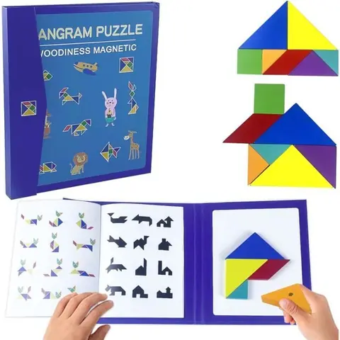 Tangram EnfantTangram MagnétiqueLivre de Puzzle Tangram en BoisGéométrique Formes Tangram de Puzzle Jeux de Panne avec Solution