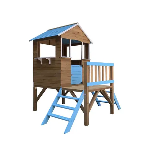 Maisonnette en Bois pour Enfants Robincool Blue Melody 198x170x197 cm 323 m² avec 2 Hauteurs Porche Garde-Corps et Escaliers