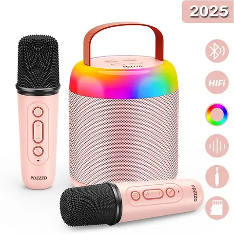 Micro Karaoké Enfant avec 2 Micros Sans Fil  Karaoké Protable Bluetooth 5.3 LED Lumières Enceinte Karaoke (Rose)