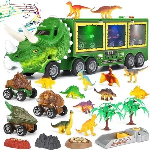 Camion de dinosaure (set de jouets) - HK1RBOX - 12 en 1 - Lumières et musique - Portable - 3 mini voitures