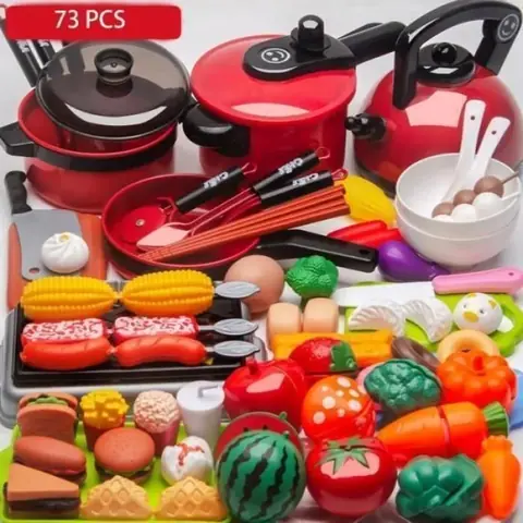 Dinette 73 Pièces avec Aliments Découpables – Jeu d’Imitation Cuisine Rouge Développe Motricité Fine et Imagination DINETTE