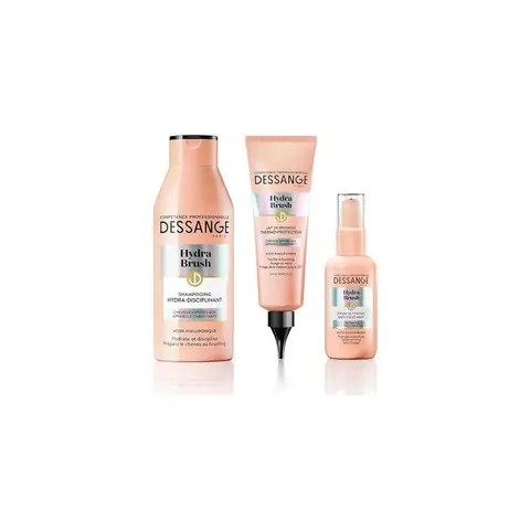 Dessange Hydra Brush Rituel Shampooing Hydra-disciplinant+ Lait de Brushing Thermo-Protecteur + Sérum de finition Cheveux Exposé