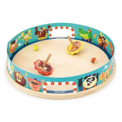 Toupies Arena Applepop - Jeu dAdresse - 1 Arène + 2 Toupies avec Lanceurs + 2 Billes en Verre - en Bois FSC - Dès 4 ans