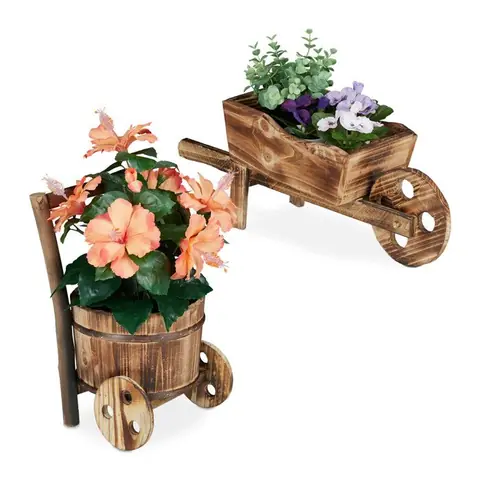 Relaxdays Brouette pour plantes  jeu de 2 bois brûlé jardin décoration design vintage HxlxP