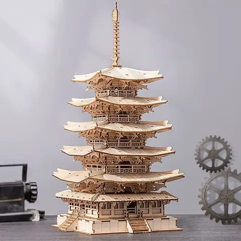 Puzzle 3D en bois pagode à cinq étages - ROBOTIME kits dartisanat pour adultes - Kit de construction de maquettes