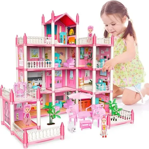 Maison de Rêve pour Filles avec Poupée et Lumière Maison de Poupées pour Enfants avec Meubles Miniatures et Accessoires Rose