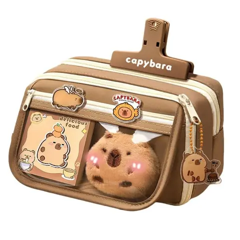 Trousse Capybara - Trousse 9 compartiments avec 3 fermetures éclair - Grande capacité - Avec poupée broches autocollan Étiquette