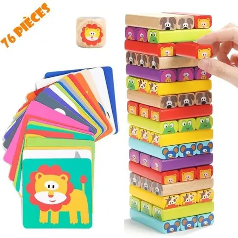 Jeu dadresse et déquilibre - Tour de Blocs Empilables en Bois - Multicolore - 51 pièces - 3 à 9 ans