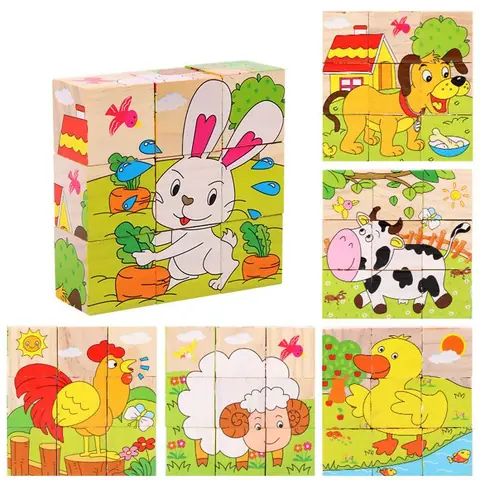 Blocs en bois pour bébésjouets pour enfantsCube à Six côtésjeu de puzzlejouets éducatifs dapprentissage précoce-Farm animals