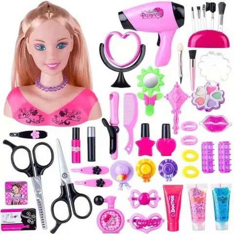 Tete à Coiffer et Maquiller Enfant Pretend Playset 45Pcs Styling Tête Poupée Coiffure Jouet avec Sèche-Cheveux