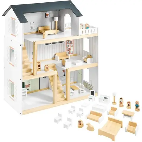 Maison de poupées MAMABRUM 70x30x60 cm 3 niveaux Terrasse- 19 pièces mobiles et 4 figurines- Jouet dimitation- Norme CE