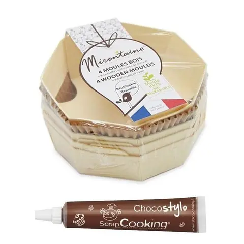 4 moules indivuels en bois ronds + 8 caissettes de cuisson + 1 Stylo chocolat