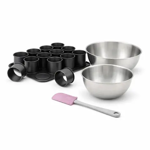 Set avec 1 Plaque pâtisserie avec 12 mini moules ronds 1 spatule Zenker et 2 bols à mixer en inox Fackelmann