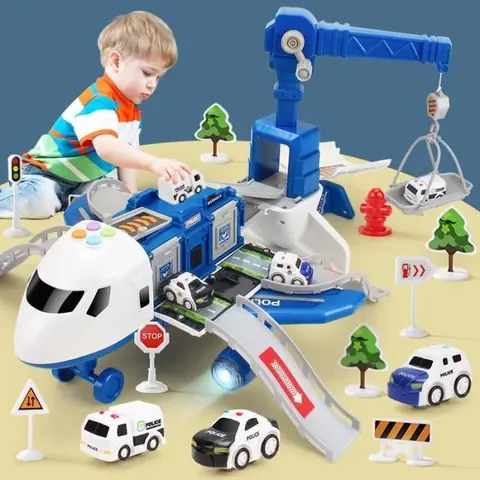 Avion Jouet Transporteur de Voitures avec lumières et Sons réels Cadeau pour Enfant Garçon Fille