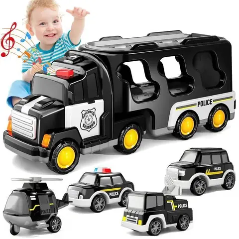 Jouet camion pour enfants camion de transport à deux étages 1 avion + 3 petits camions + 1 grand camion (noir)