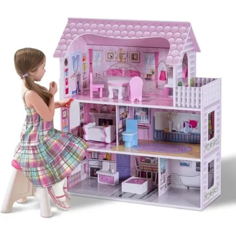 Maison de Poupée en Bois COSTWAY 13 Accessoires à 3 Etages 61 x 265 x 71 CM Cadeaux pour Enfants 3 Ans+ Rose.