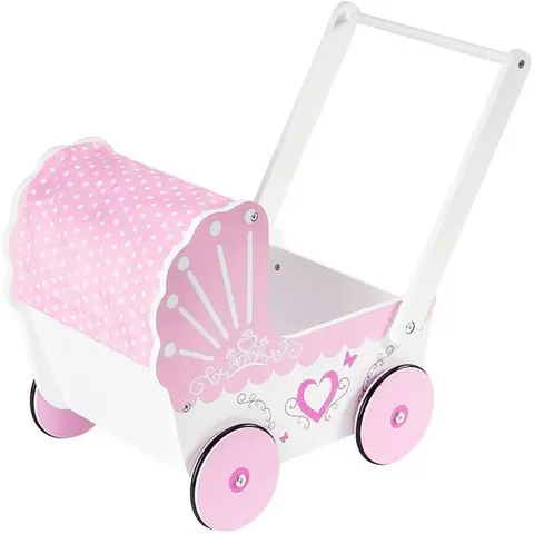 Landau Poussette pour Poupées Trotteur en Bois - Poussoir 47*265*40 - Jouet en Bois Chariot Rose