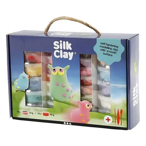 Pâtes à modeler - SILK CLAY - Assortiment - Auto-durcissantes - Multicolore - 10 pots de 40 g et 18 pots de 14 g