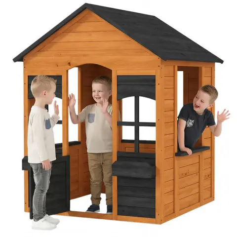 Maison de jeu extérieure - AIYAPLAY - demi-porte fenêtres bacs à fleurs - pour 3-8 ans - bois - 1106x1066x138cm - marron clair
