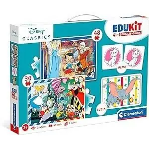 Clementoni - Edukit - Disney - Coffret apprentissage 4 en 1 - 2 puzzles 1 mémo 1 jeu de 6 cubes - Fabriqué en Italie - Dés 4ans