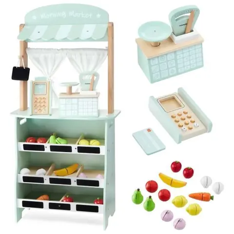 Marchande Enfant & Théâtre en Bois 97*48*24 cm Mamabrum - 2EN1 Grand Stand Vendeur - Caisse Balance Fruits & Légumes Vert Pastel