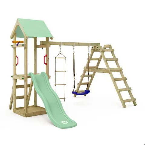Tour de jeux WICKEY TinyLoft pour tout-petits avec balançoire module d’escalade et toboggan vert pastel – 10 ans de garantie*