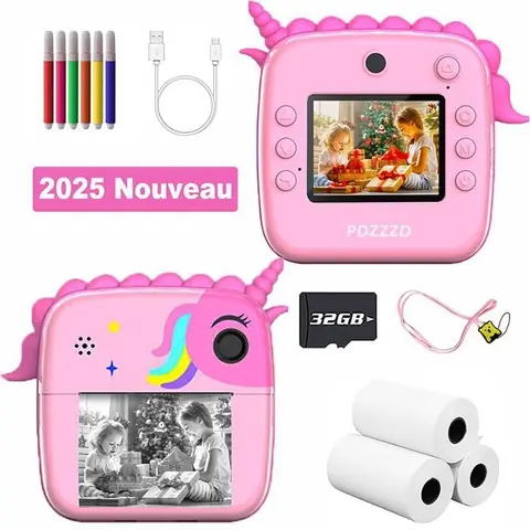 Appareil Photo pour Enfants 2400W Impression Instantanée Jouet Fille 3 4 5 6 Ans HD 2.5 Pouces -Rose